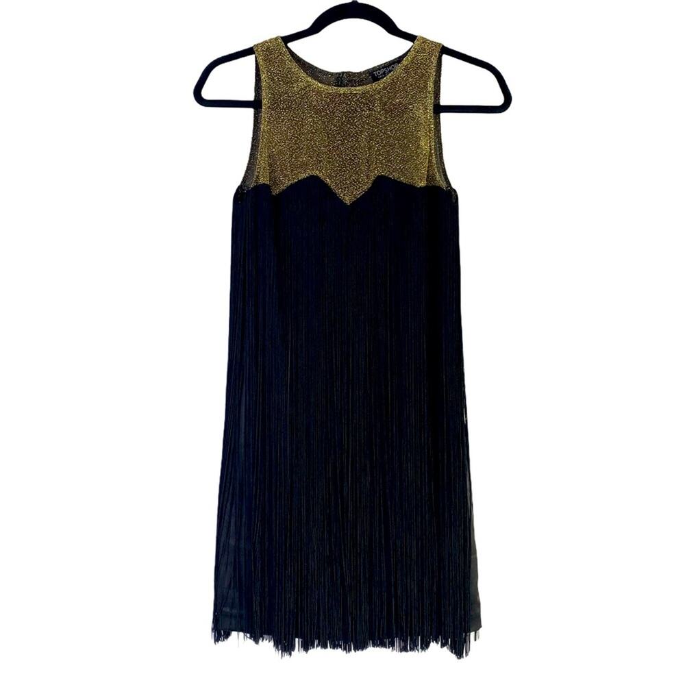 TOPSHOP Black Fringe Mini Dress Gold Metallic Neck Women's